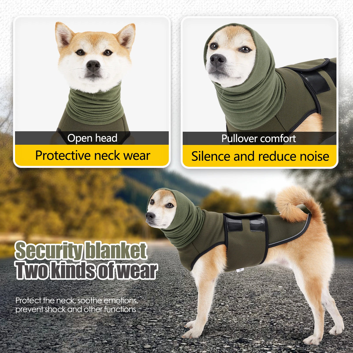 Un chien portant un gilet de sécurité vert olive conçu pour protéger le cou et réduire le bruit.