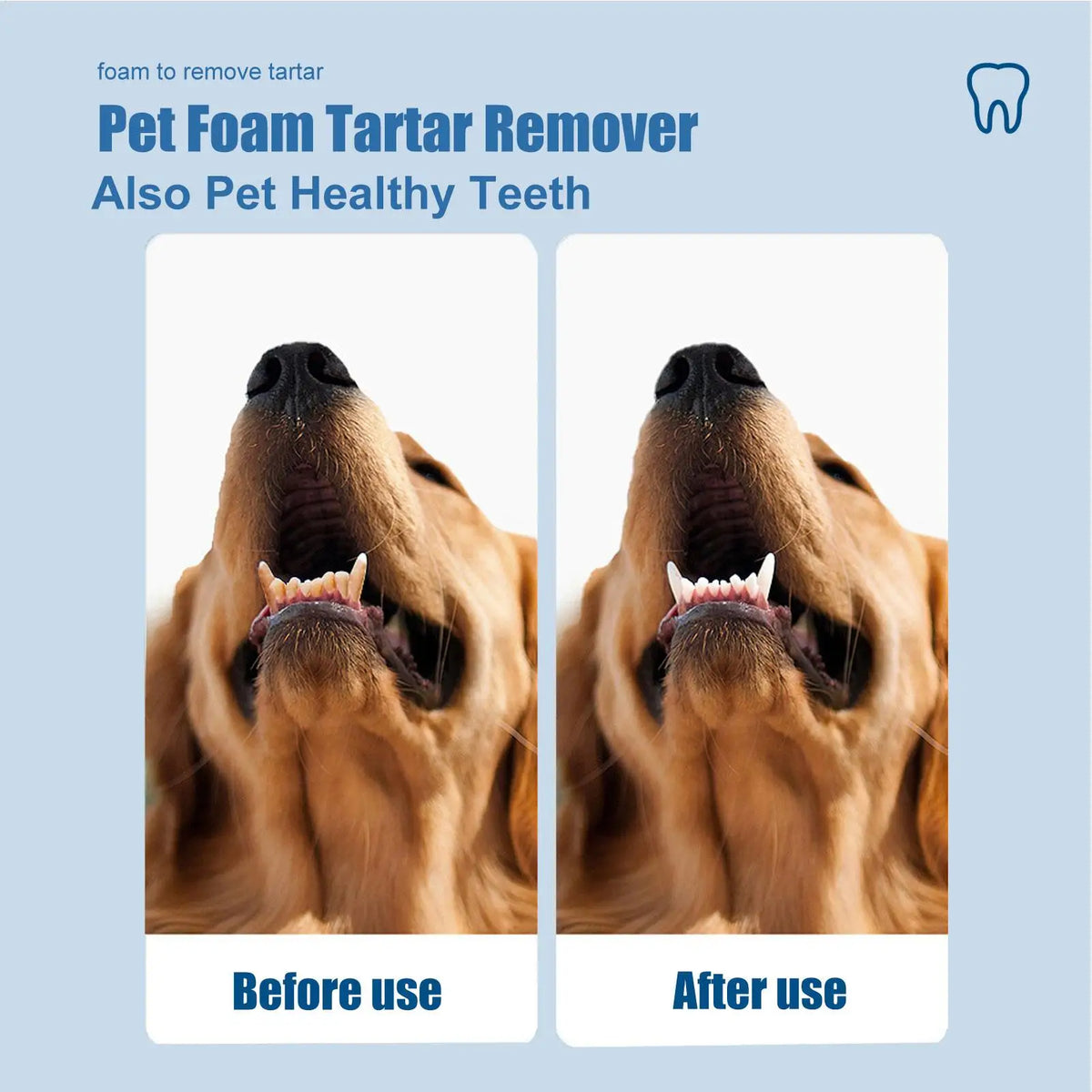 Before and after images showing a dog's mouth before and after using pet foam tartar remover