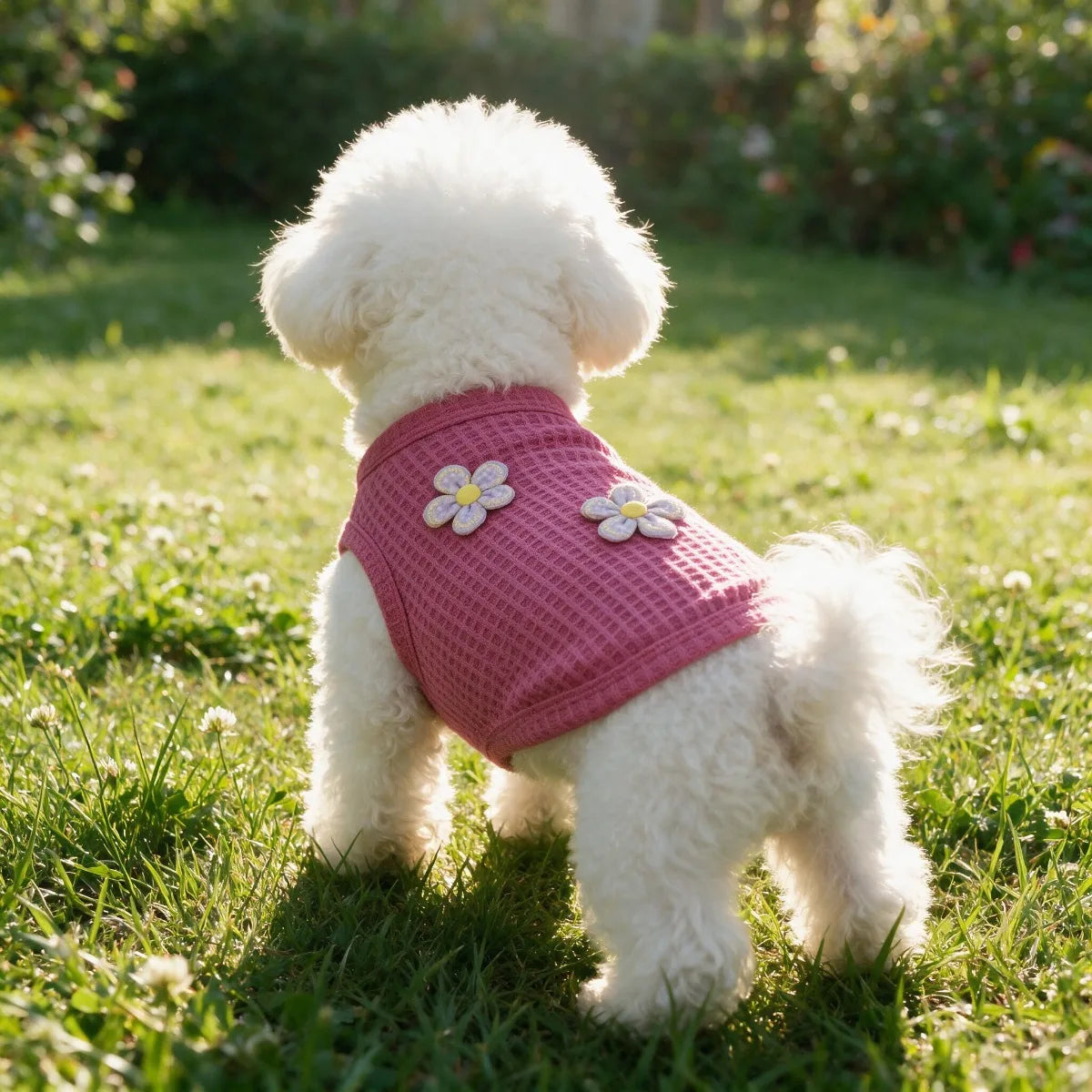 Ein flauschiger weißer Hund mit einem rosa bestickten Blumenweste sitzt auf grünem Gras.