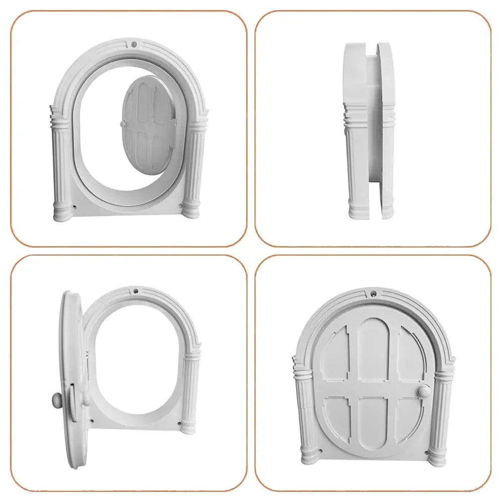 White durable pet cat and dog door shown in various forms including a round arch and a rectangular frame.
