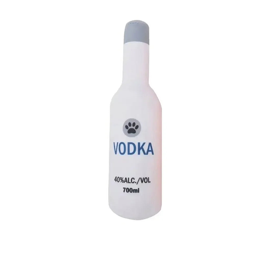 A white bottle-shaped squeaky plush dog toy with a light gray cap.