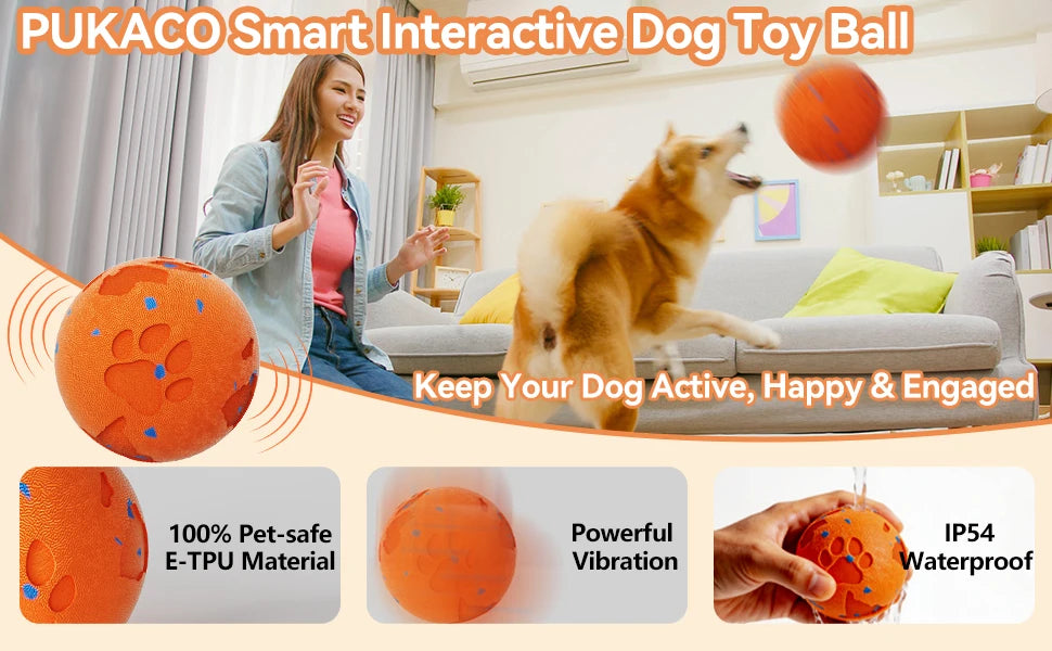 An orange interactive dog toy ball being played with by a happy dog on a sofa.
