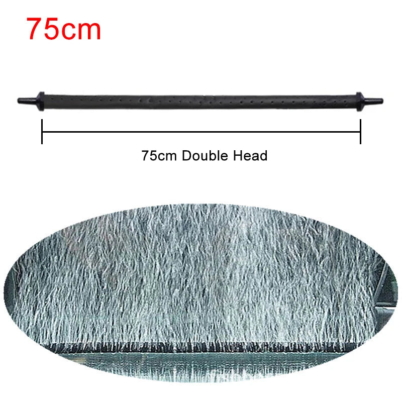 A black aquarium air tube aerator with a 75cm double head shown next to a textured surface.