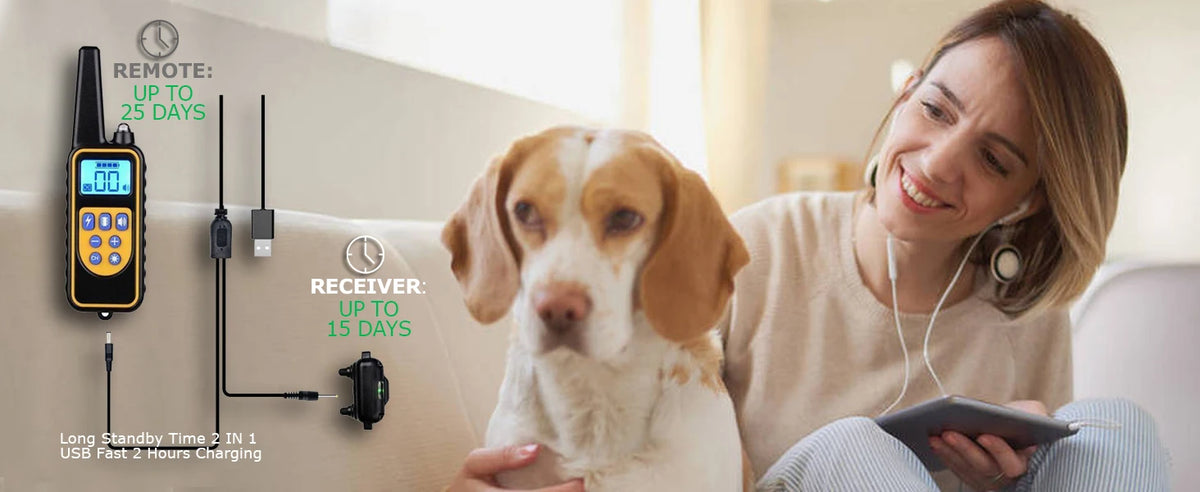 A woman is smiling while holding a dog, with details about the remote and receiver features displayed on the screen.