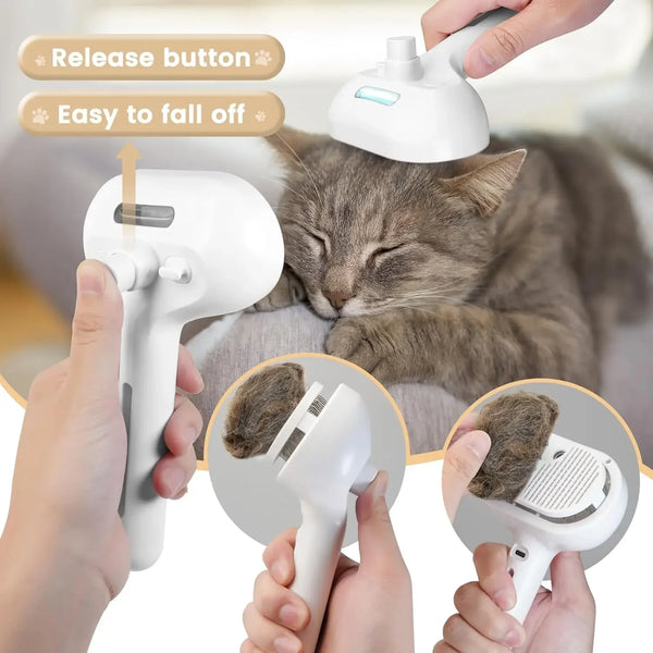 Hands demonstrate a pet grooming brush being used on a cat, showing the release button and easy removal features.