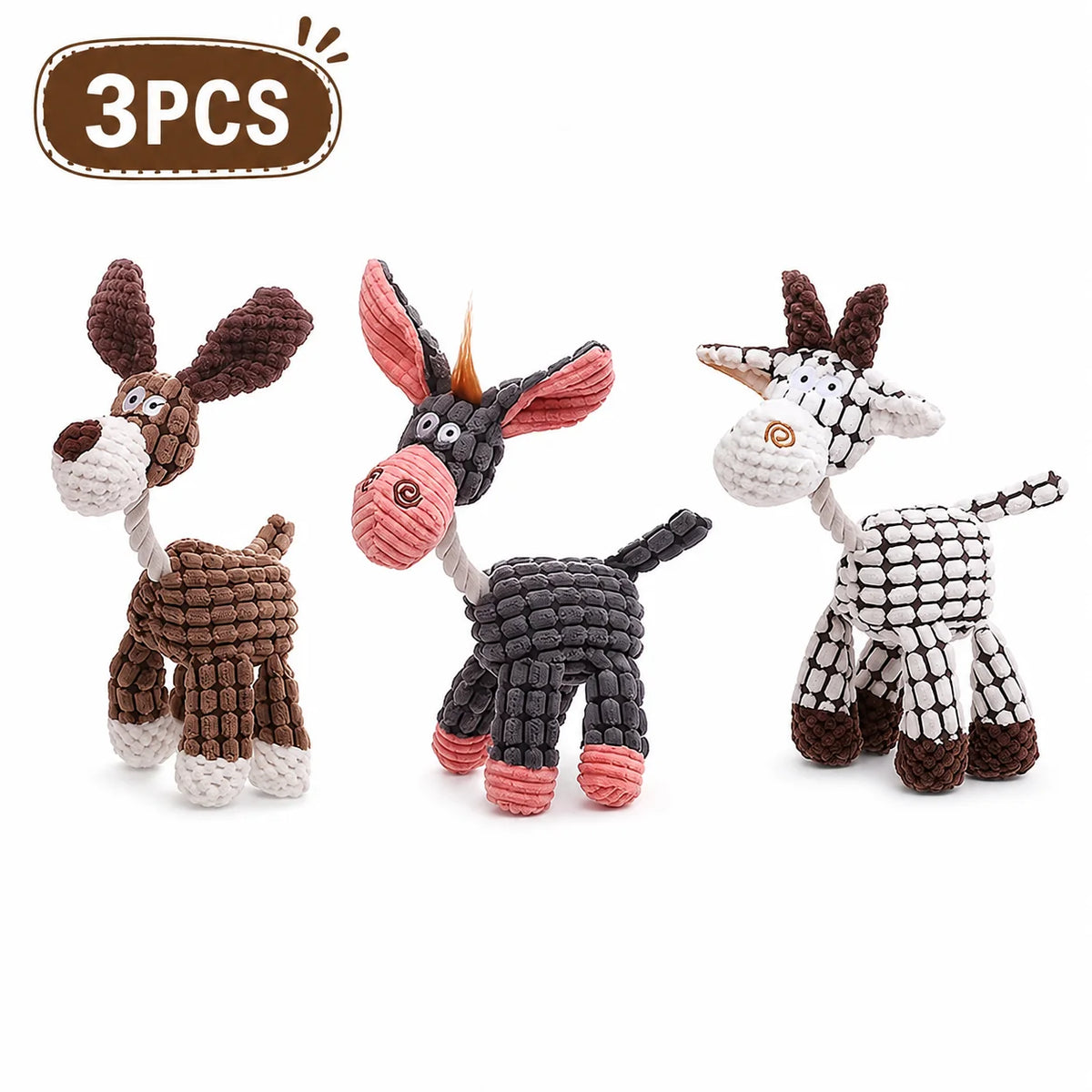 Three plush dog toys featuring deer and horse designs for interactive play