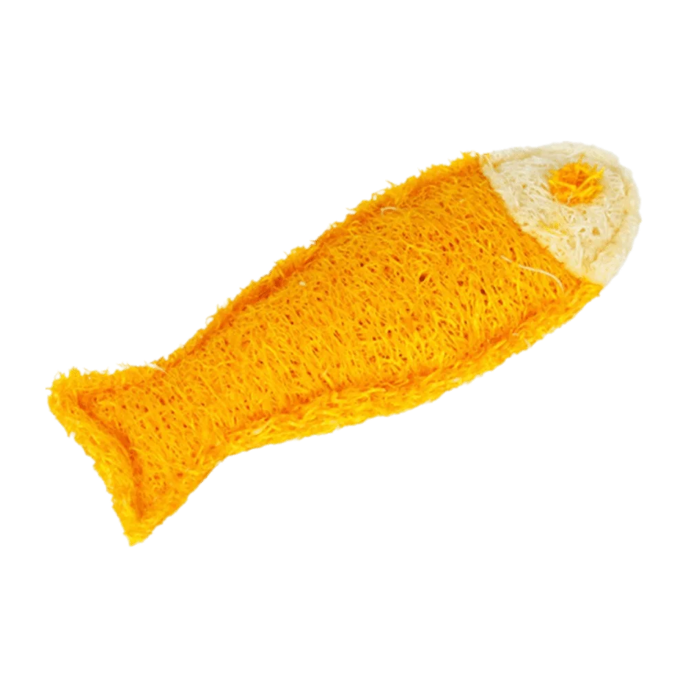 An orange natural loofah cat chew toy with catnip