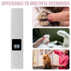 A white pet nail grinder device is shown next to images demonstrating its use on a dog's paw.