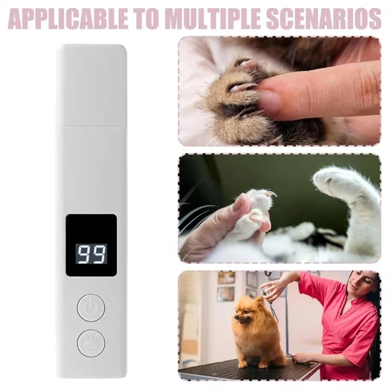 A white pet nail grinder device is shown next to images demonstrating its use on a dog's paw.
