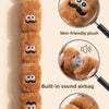 A vertical display of a brown plush dog toy with multiple sections, highlighting its details like flush fur and stitching.