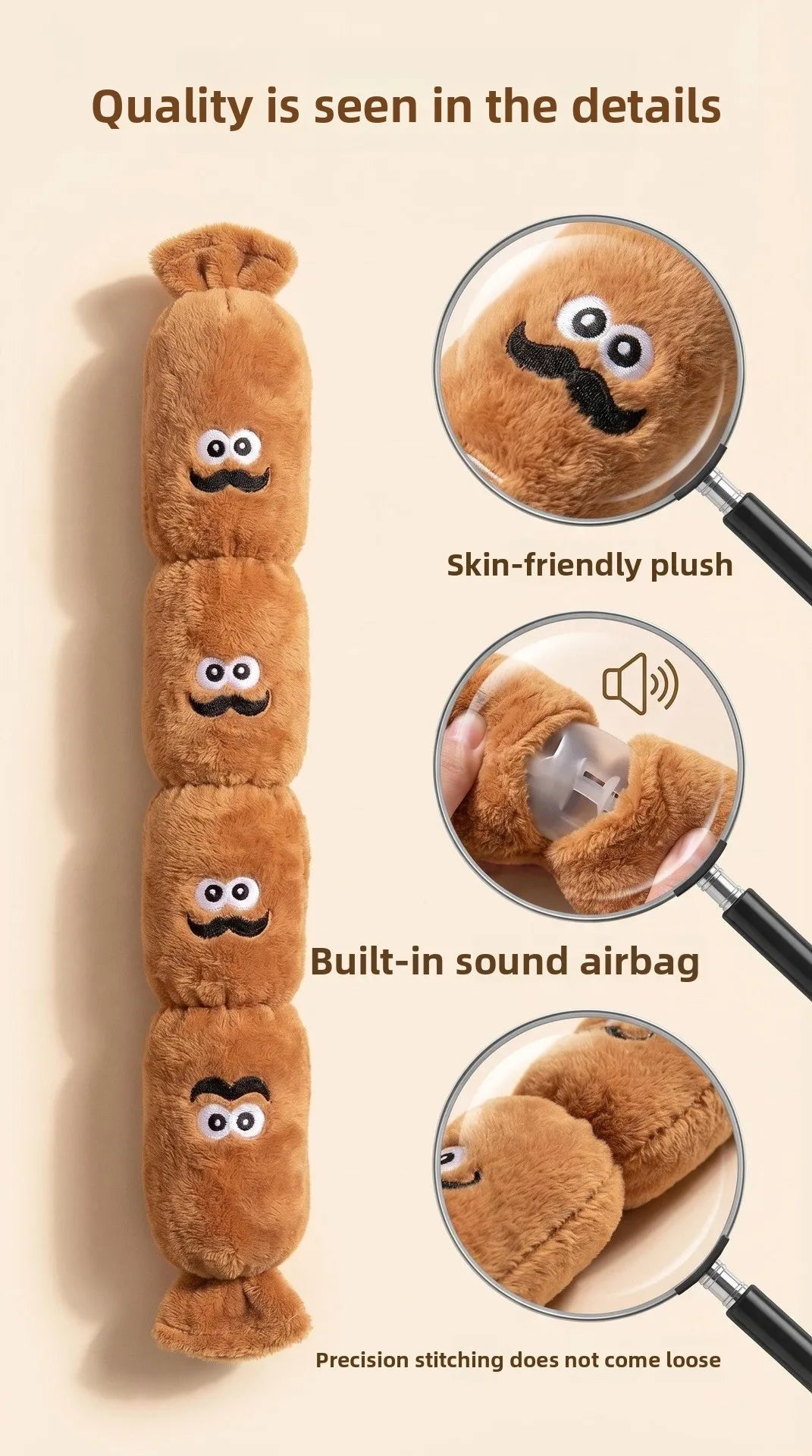 A vertical display of a brown plush dog toy with multiple sections, highlighting its details like flush fur and stitching.