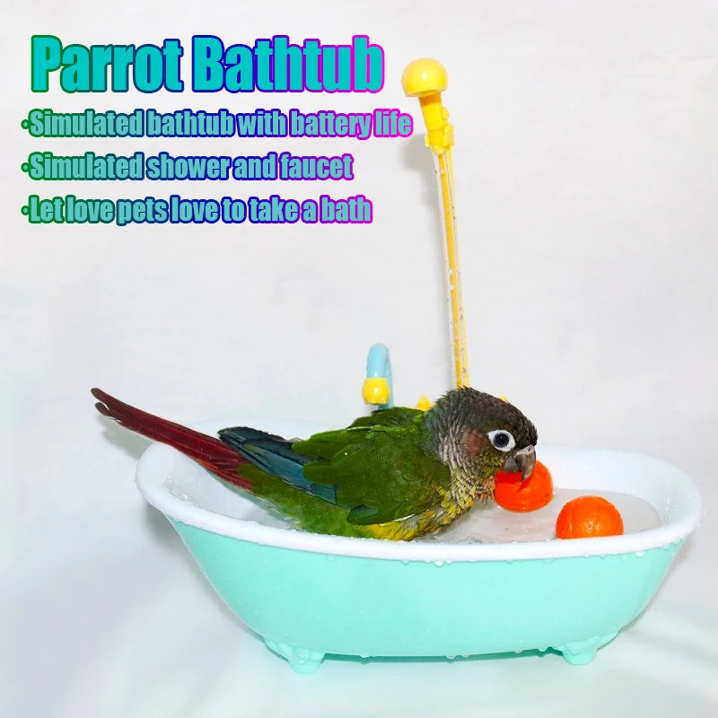 Papagei-Badewanne simuliert eine Dusche und Armatur für Haustiere, mit einem grünen Papagei im Wasser.