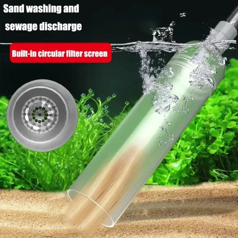 A clear plastic siphon pump for sand washing and sewage discharge is shown being used in water.