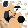 A dog wearing a black soundproofing muff with an adjustable elastic strap and a sponge material.