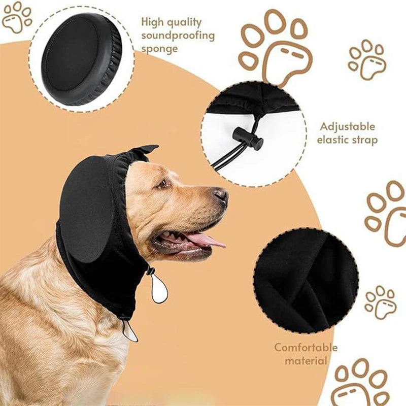 A dog wearing a black soundproofing muff with an adjustable elastic strap and a sponge material.
