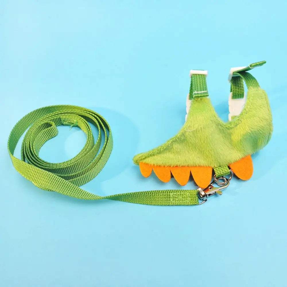 A bright lime green cartoon animal vest harness for pet training is displayed on a light blue background.
