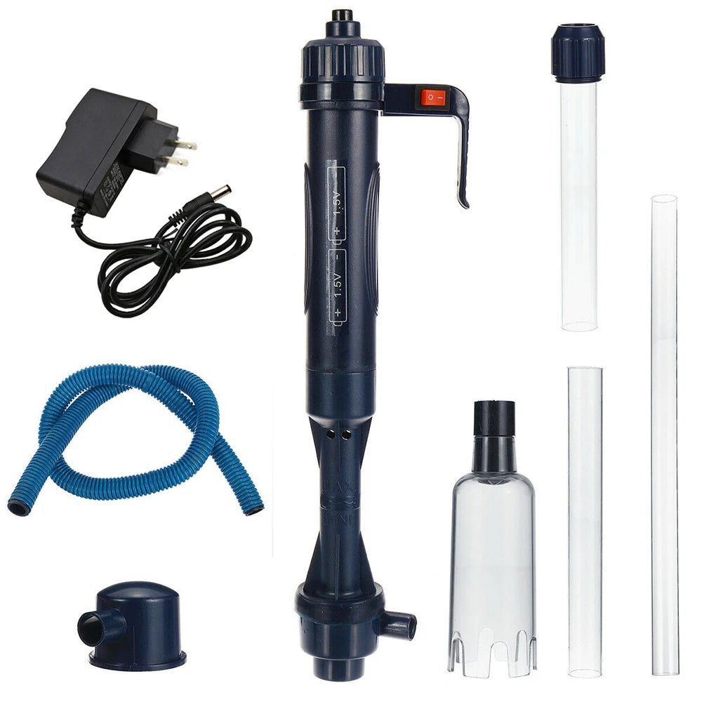 Un kit de pompe et d'outils pour nettoyer du gravier dans un aquarium, incluant une pompe, un tuyau et un petit outil de nett