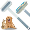 Cepillo multiuso para quitar pelo de mascotas con paleta plana y cabezal cepillado, junto a un gato y un perro.