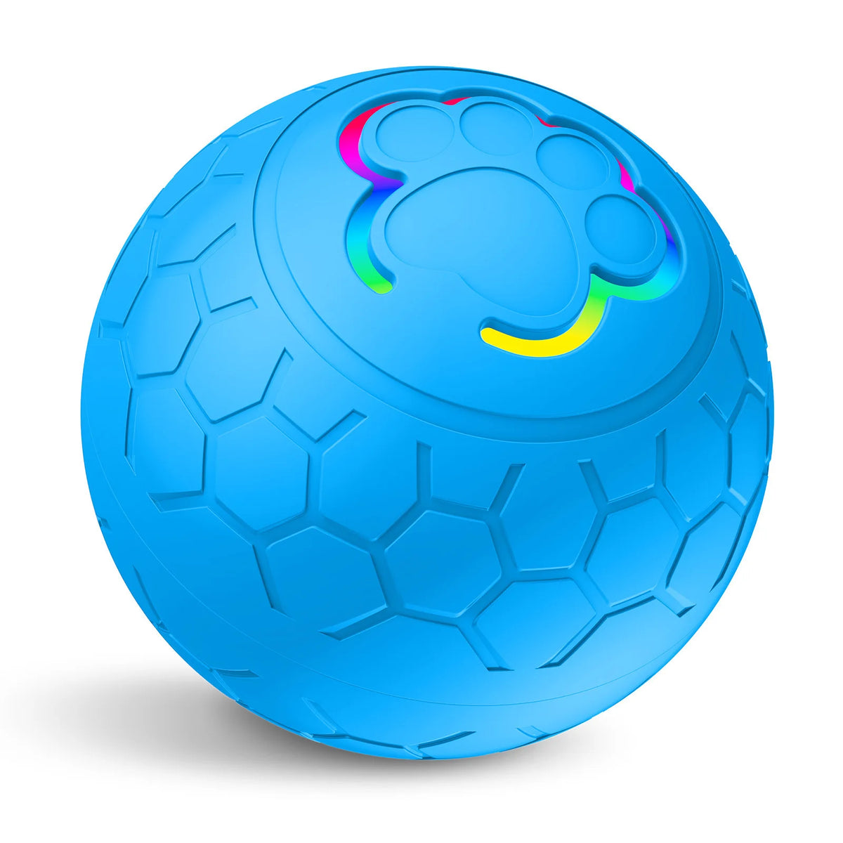 Leuchtend blaue interaktive elektronische Haustierball mit einem paw print, der auf ihrer Oberfläche leuchtet.