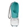 A teal portable leakproof dog water bottle with a built-in bowl and a gray strap.