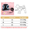 A set of black and blue butterfly pet harness sizes S, M, and L with corresponding chest measurements and estimated pet weigh