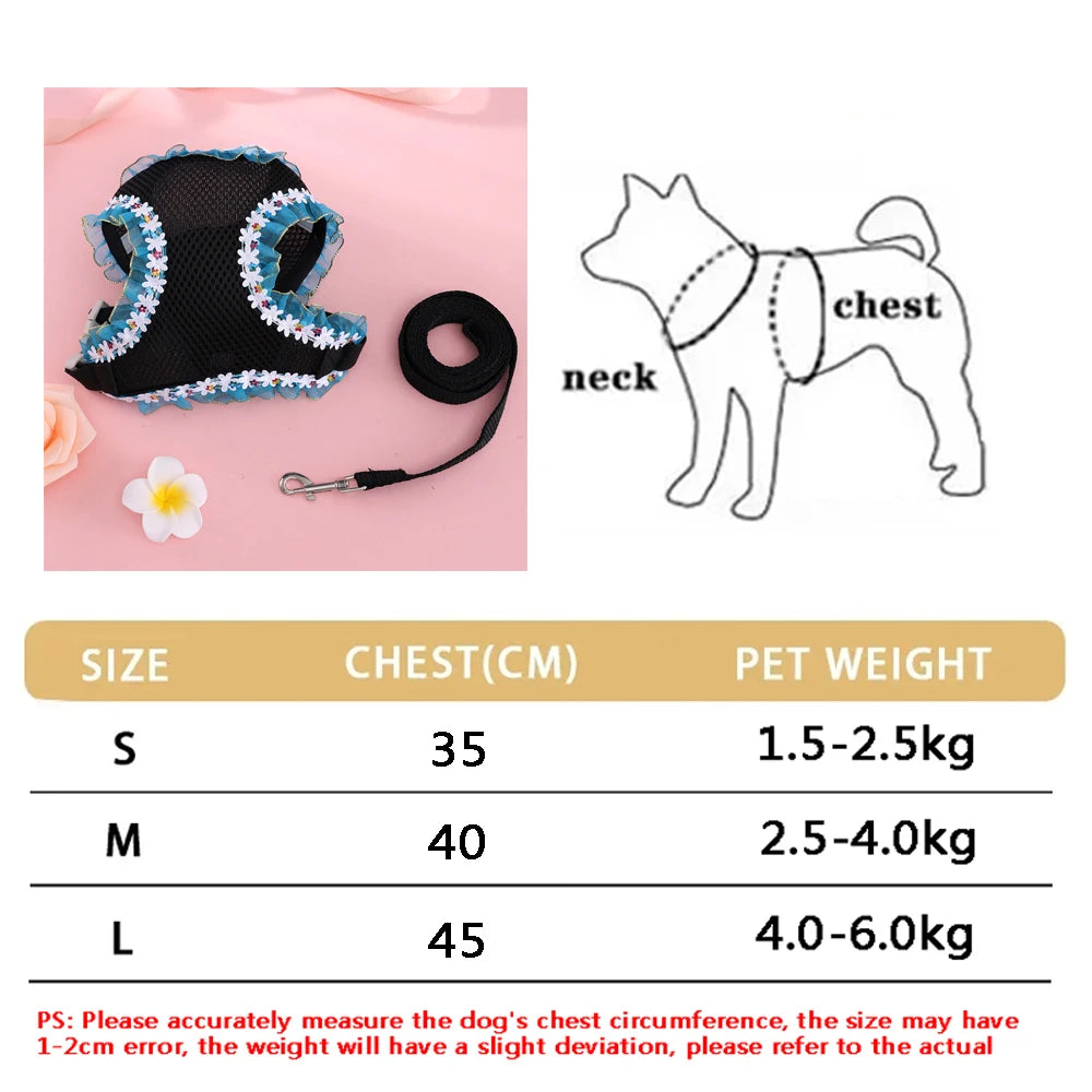 A set of black and blue butterfly pet harness sizes S, M, and L with corresponding chest measurements and estimated pet weigh