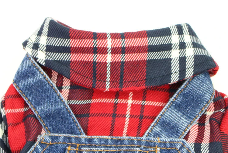 Close-up of a red and blue plaid denim jumpsuit for small dogs