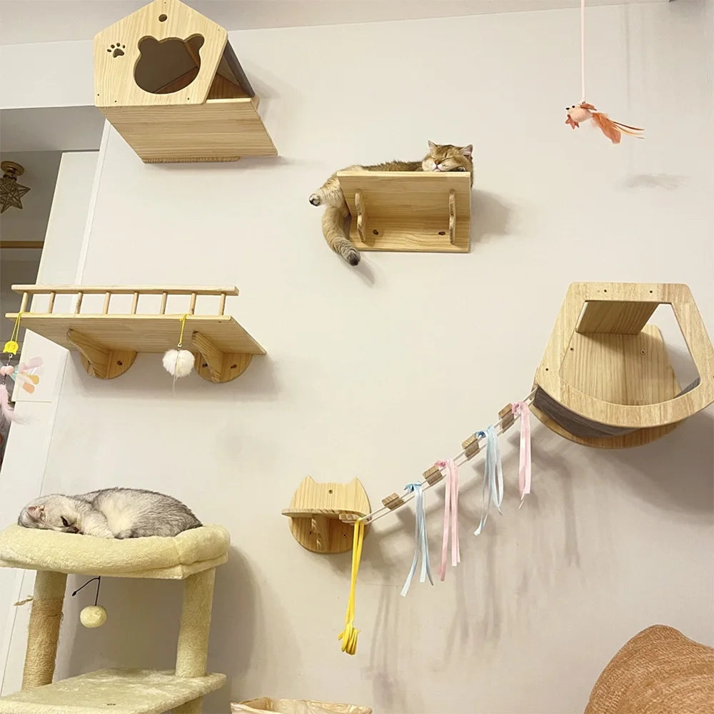 Wall-mounted wooden cat climbing shelf and hammock with various wooden shelves and a cat resting on one