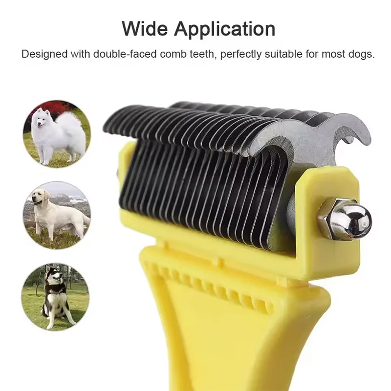 A yellow pet grooming brush with a black double-faced comb is shown, suitable for dogs and cats.