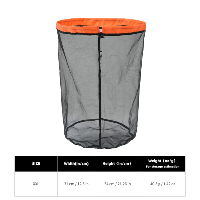 An orange mesh storage bag with a drawstring closure, shown next to a size chart.