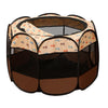A folding octagonal pet cage for dogs with a mesh enclosure and patterned fabric lining.