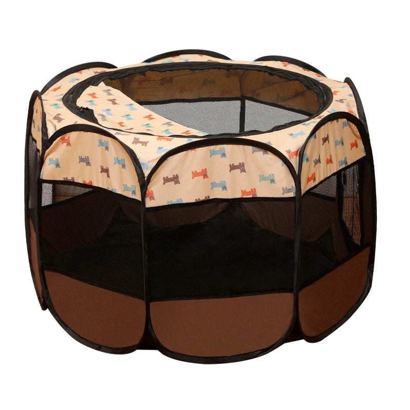 A folding octagonal pet cage for dogs with a mesh enclosure and patterned fabric lining.