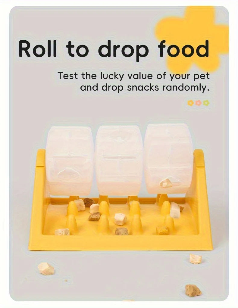 A yellow puzzle dispenser with three white food blocks and scattered dog treats.