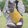 A gray kitten is being held in a yellow cycling walking pet carrier by a person outdoors.