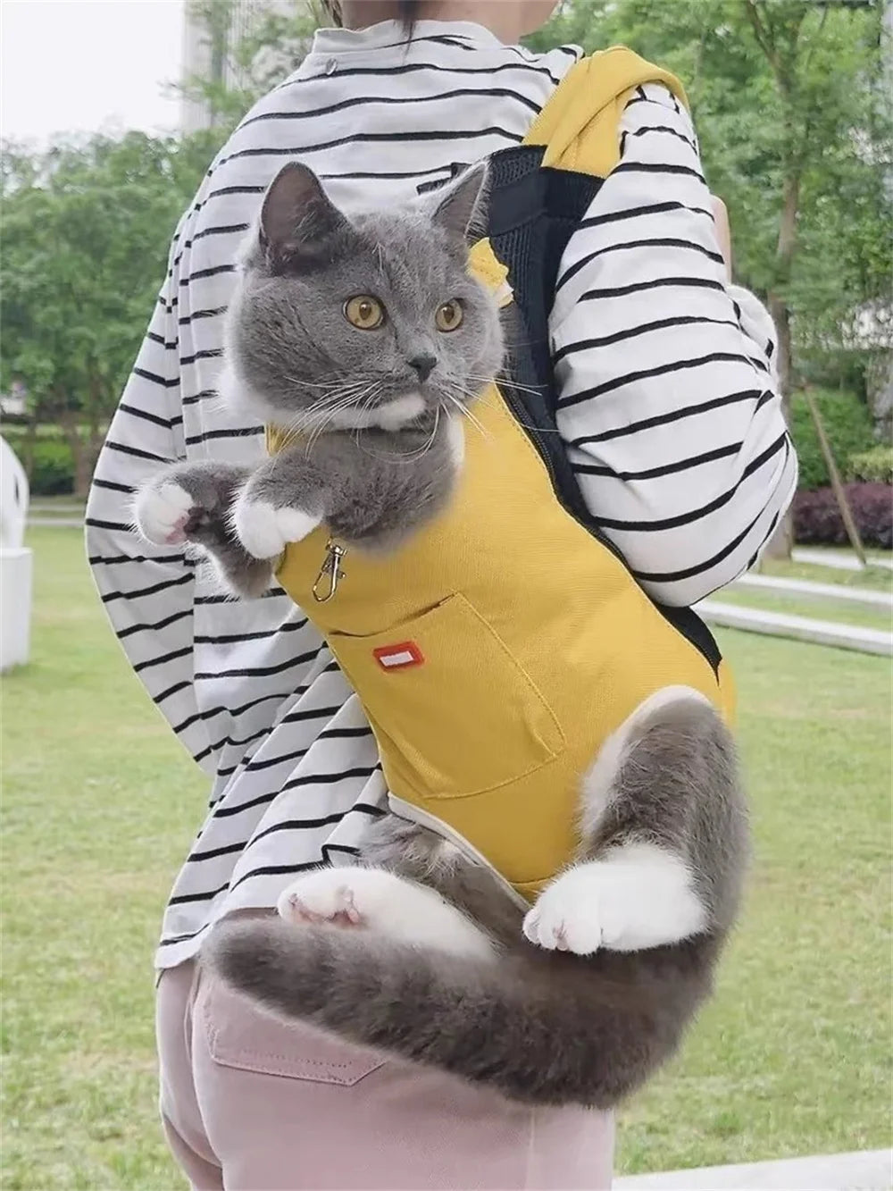 A gray kitten is being held in a yellow cycling walking pet carrier by a person outdoors.