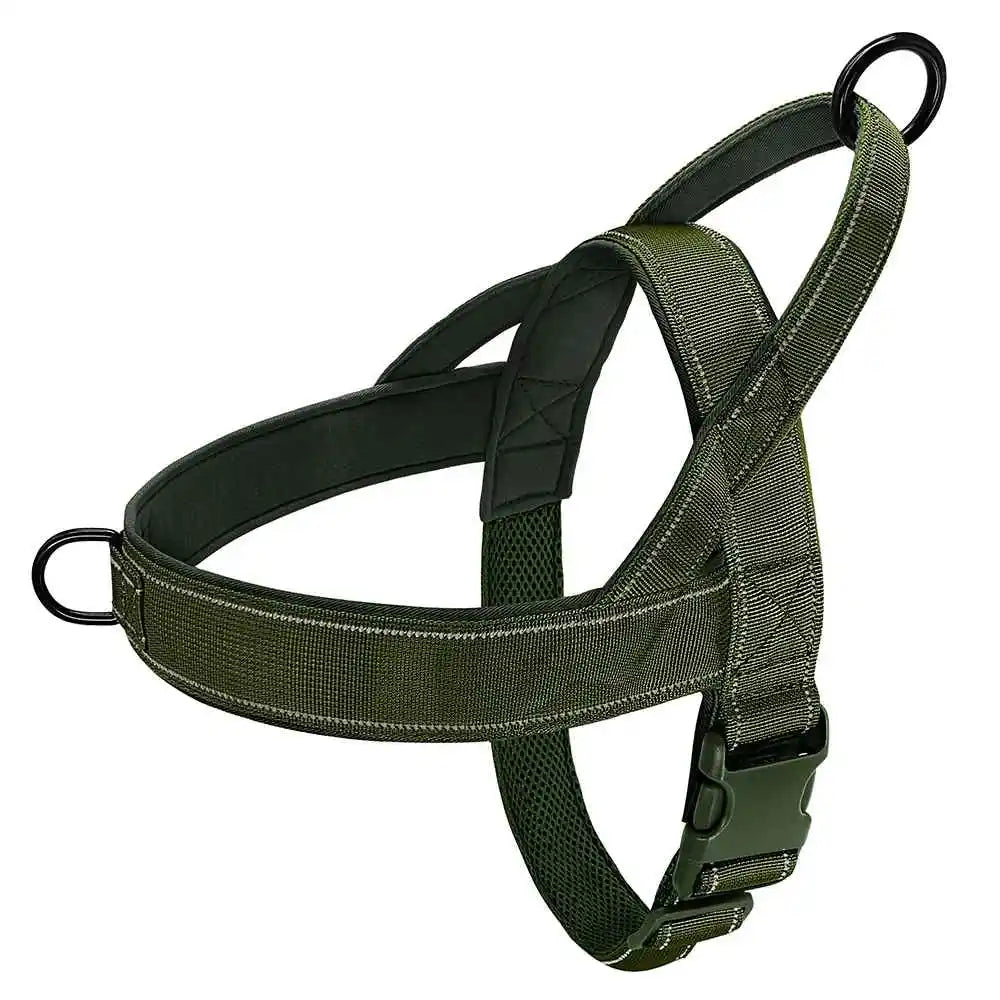 A dark olive green tactical anti-pull dog harness with adjustable straps.
