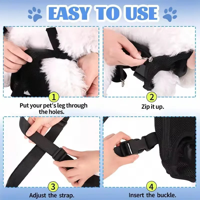 Instructions showing how to put a pet's leg through holes, zip it up, adjust the strap, and insert the buckle on a black mesh