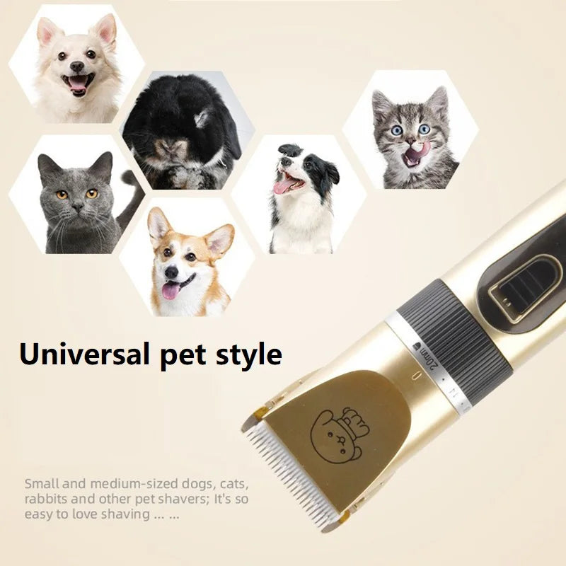 A cordless pet hair clipper is shown with various pets surrounding it, demonstrating its use for shaving dogs and cats.