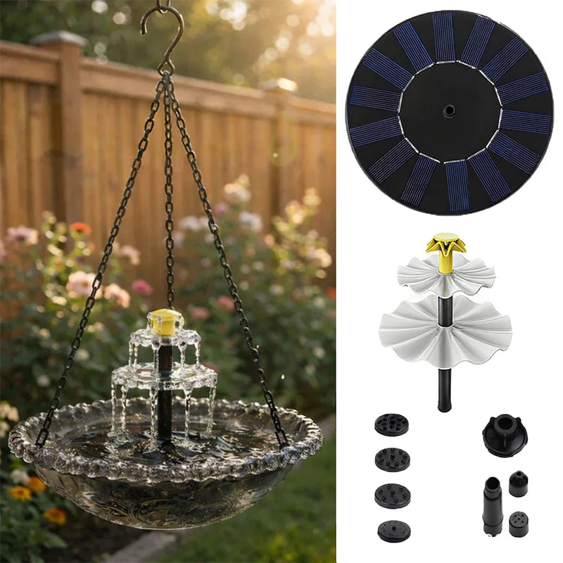 Solar-powered hanging bird bath fountain with a glass bowl and various components
