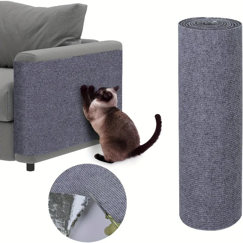 A gray cat scratching mat is shown next to a rolled-up version and a circular view of the material.