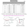 A chart showing measurements for dog clothing sizes including bust, back length, and gram weight.