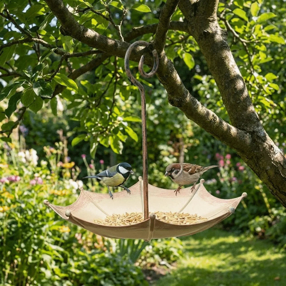 An umbrella-shaped hanging bird feeder with a curved hook is suspended from a tree branch in a garden setting.