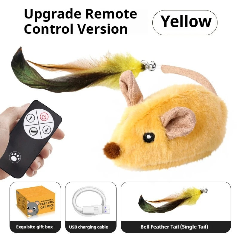 Yellow upgrade remote control version of an interactive motion-activated cat toy with a bell feather tail