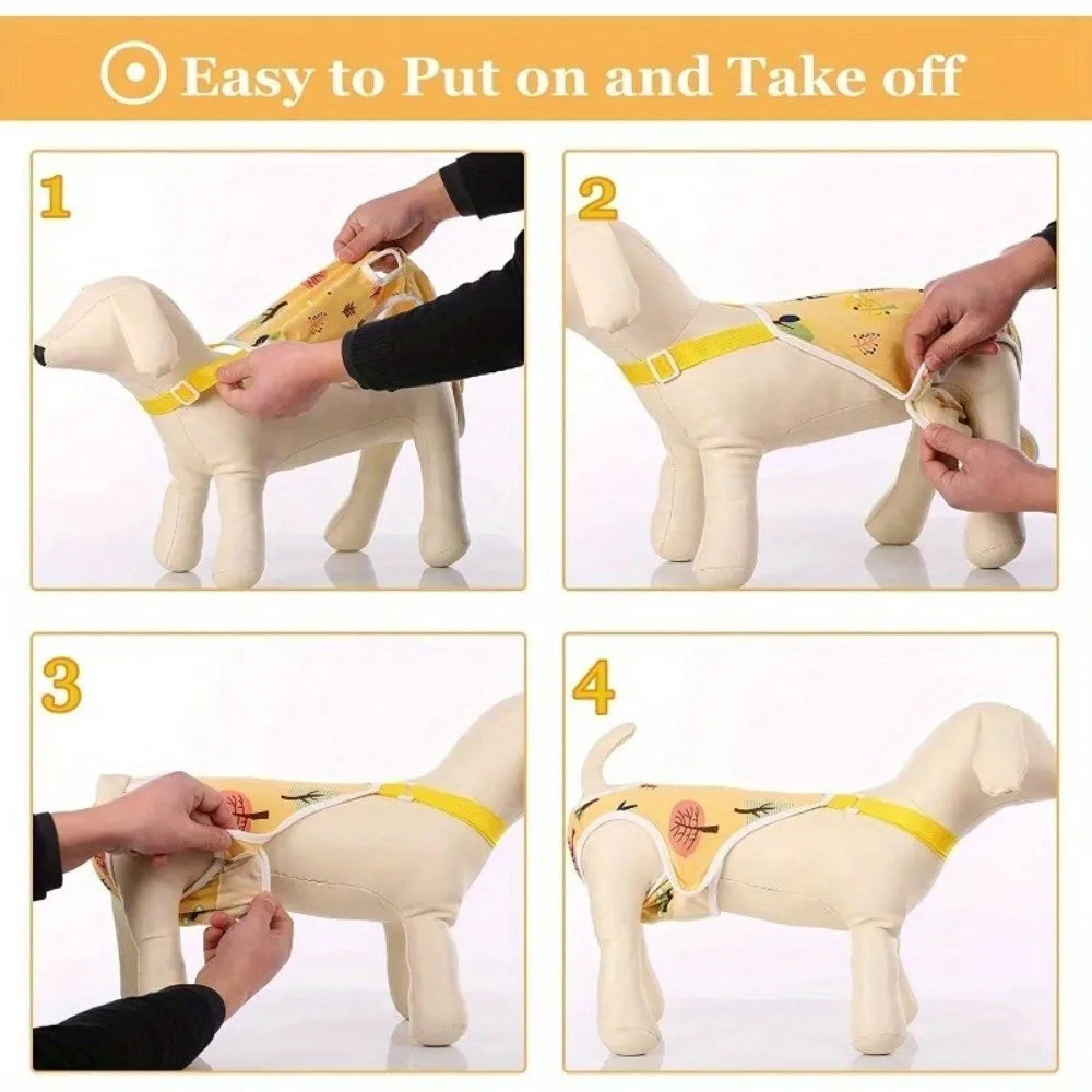 Four steps showing how to put on and take off an adjustable washable dog sanitary pants with shoulder straps