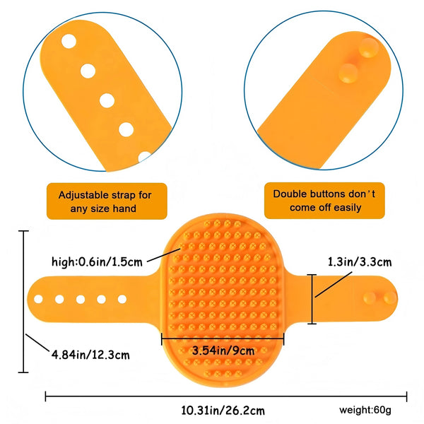 Orange rubber pet grooming brush with an adjustable handle and double buttons