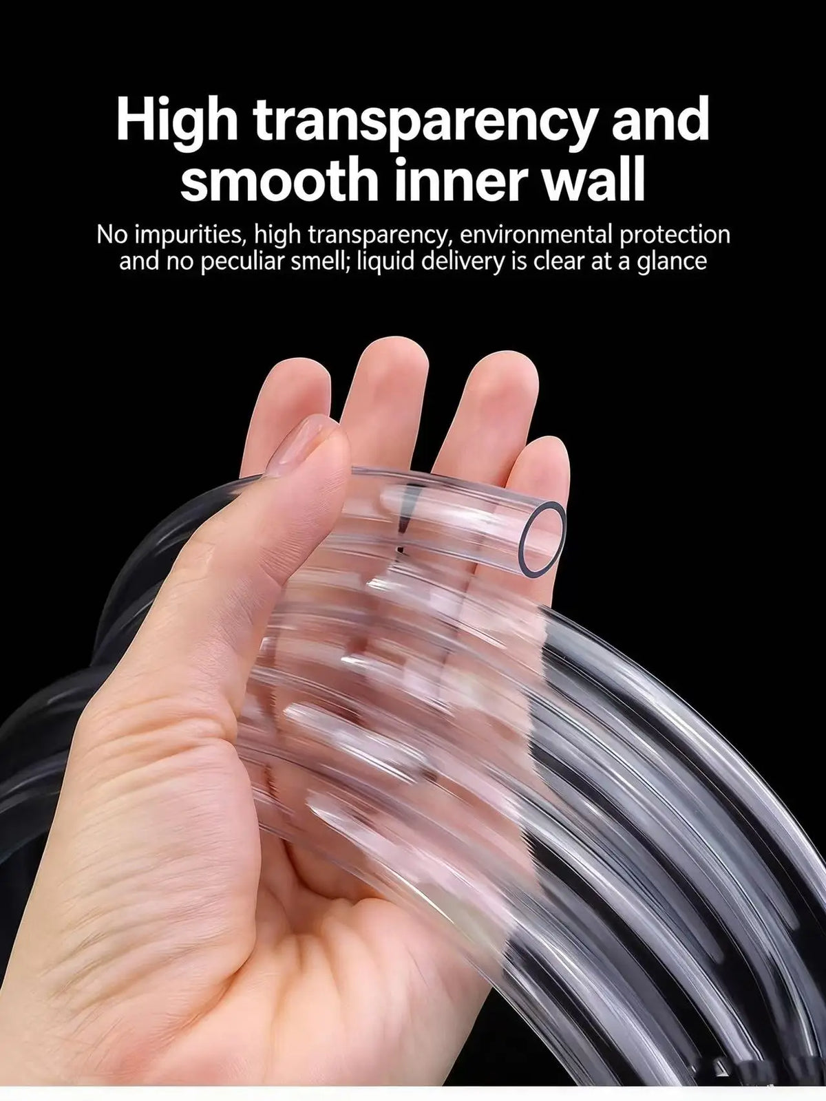 A hand is holding clear flexible PVC tubing, demonstrating its high transparency and smooth inner wall.