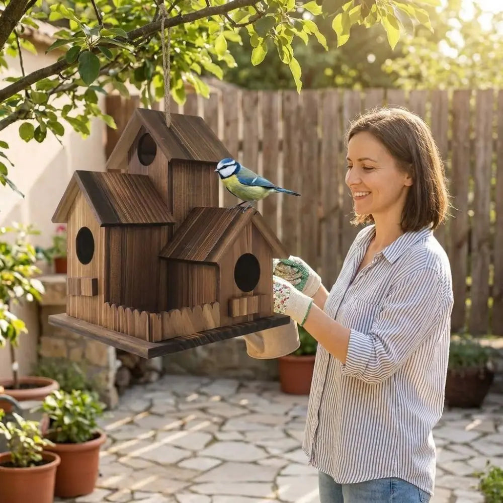 A woman is holding a rustic wooden bird house in her hands outdoors with greenery and a bird perched on the house.