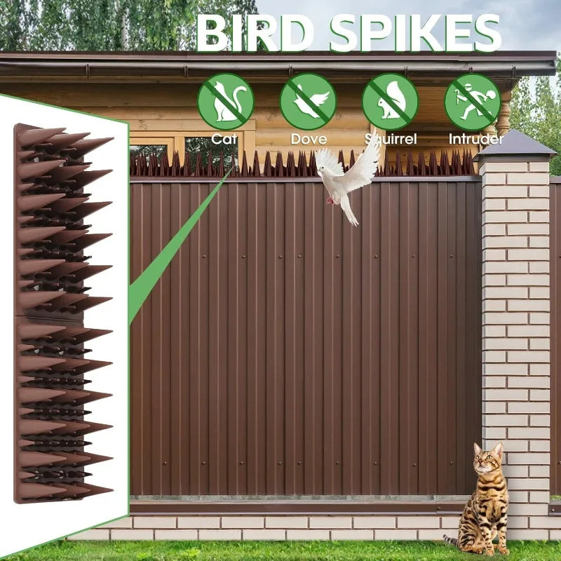 Bendable outdoor bird and pest repellent spikes installed on a wooden fence.