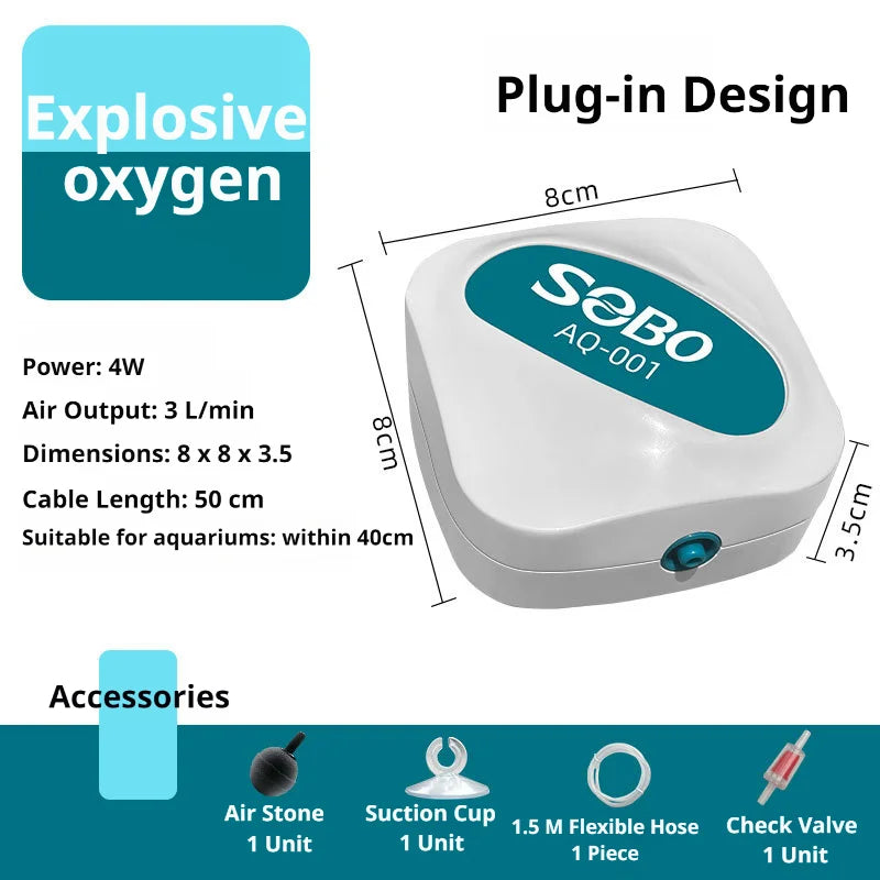 White plug-in air pump for aquariums with accessories including an air stone, suction cup, flexible hose, and check valve