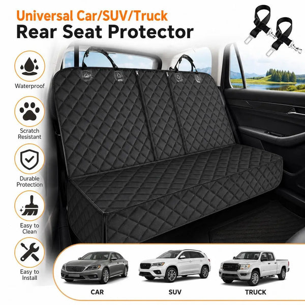 Black universal rear seat protector for car, SUV, or truck with armrest access.